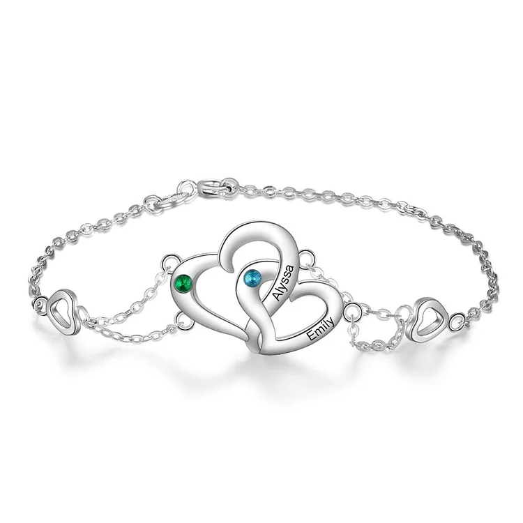 Heart Interlocking Bracelet with 2 Birthstones Engraved Names Personalized Bracelets