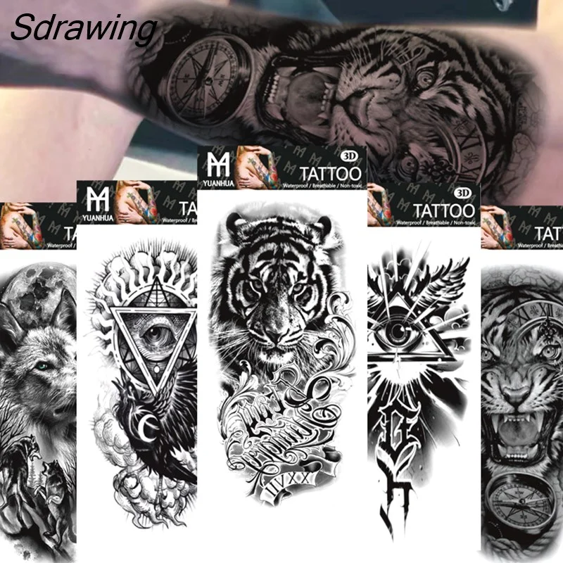 Sdrawing Forest Tattoo Sticker for Men Women Children Tiger Wolf Death Skull Temporary Tattoo Fake Henna Skeleton King Animal Tatoo