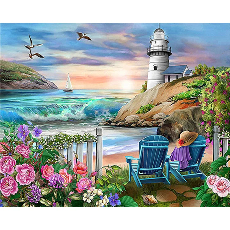 Flowers Lighthouse 60*50CM (Canvas) Full Round Drill Diamond Painting gbfke