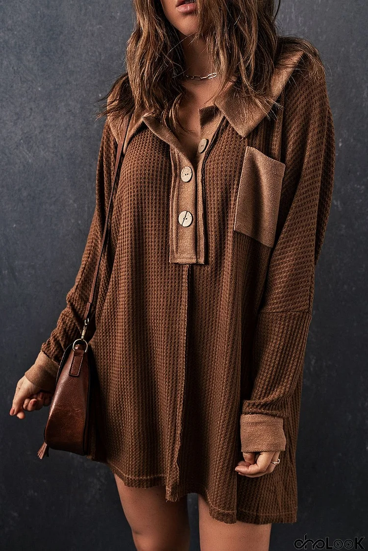 Waffle Knit Buttoned Long Sleeve Top