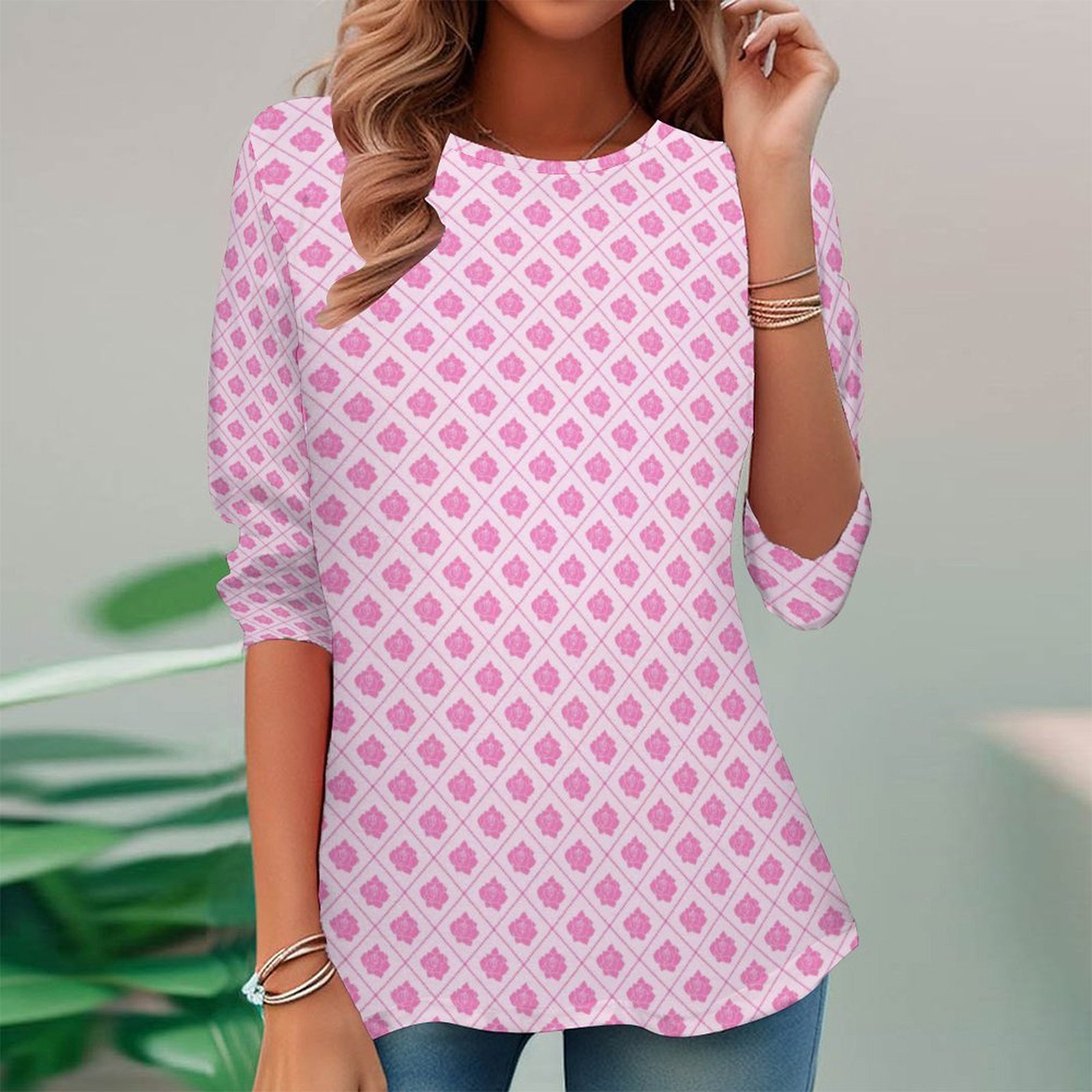 Women Long Sleeve V-neck Graphic Floral Printed Top