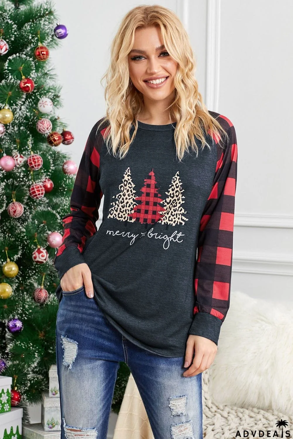Christmas Pattern Plaid Splice Long Sleeve Top