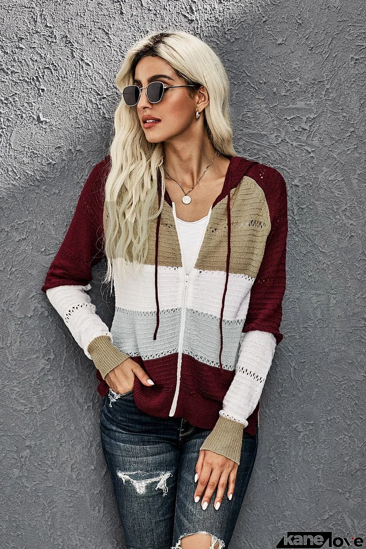 Women's Zipped Front Red Colorblock Hollow-out Knit Hoodie