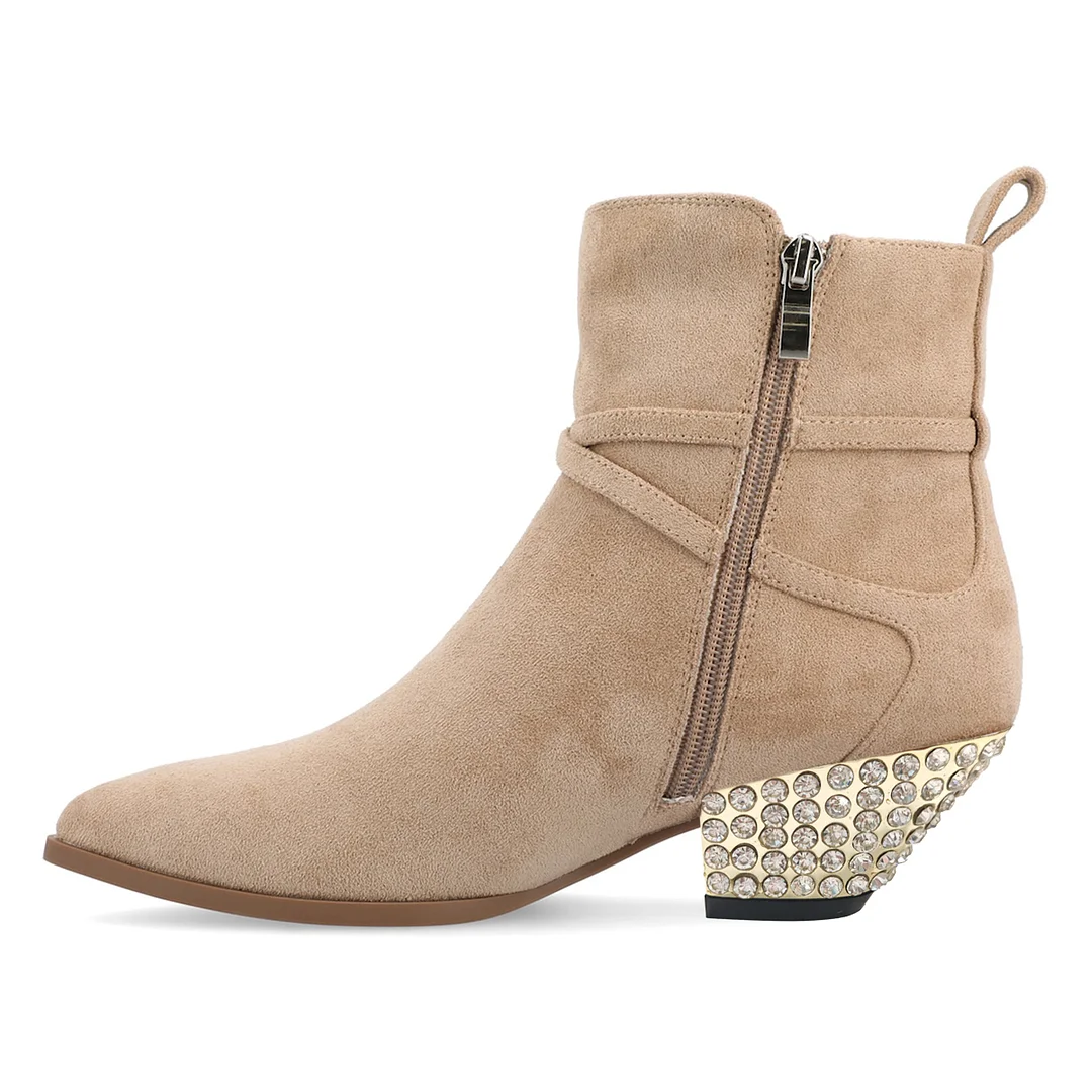 Nude Faux Suede Side-Zip Rhinestone Embellished Heel Ankle Boots