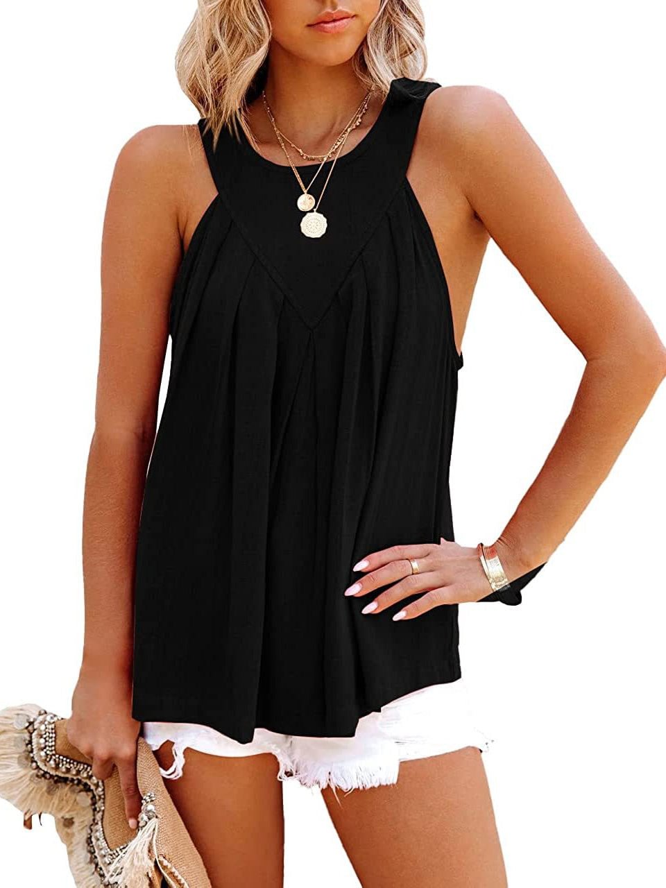 Women's Sleeveless Scoop Neck Halter Pure Color Top
