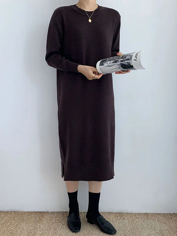 Pure Color Minimalist Roomy Round-Neck Sweater Knitting Dress