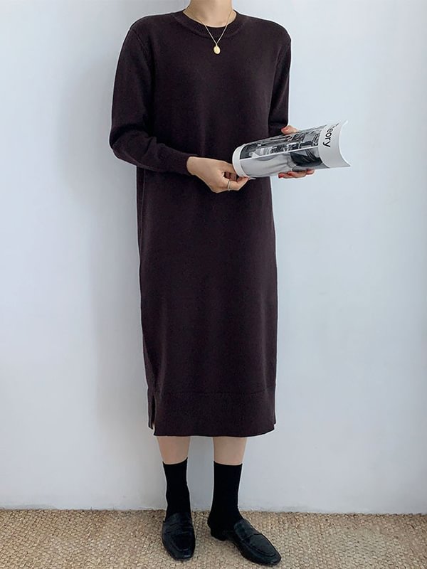 Solid Color Simple Loose Round-Neck Sweater Knitting Dress
