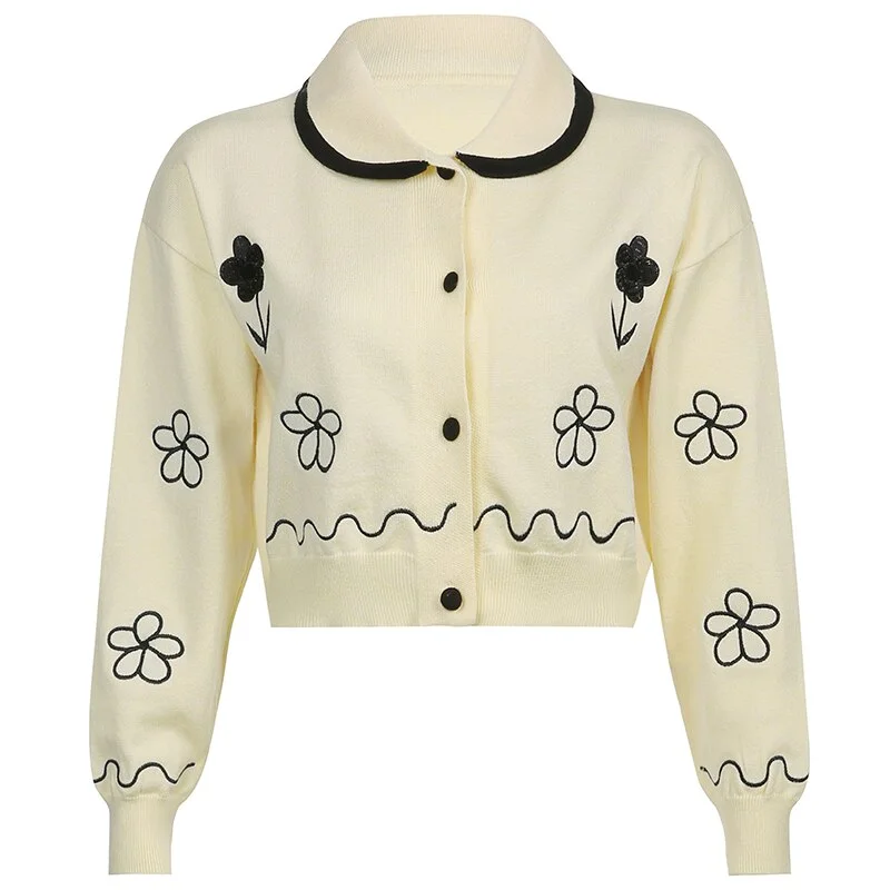 Flroal Embroidery Y2K Grunge Cute Cardigans Kawaii Autumn Retro Sweaters Single-breasted Knitted Crop Outfits 90s Cuteandpsycho