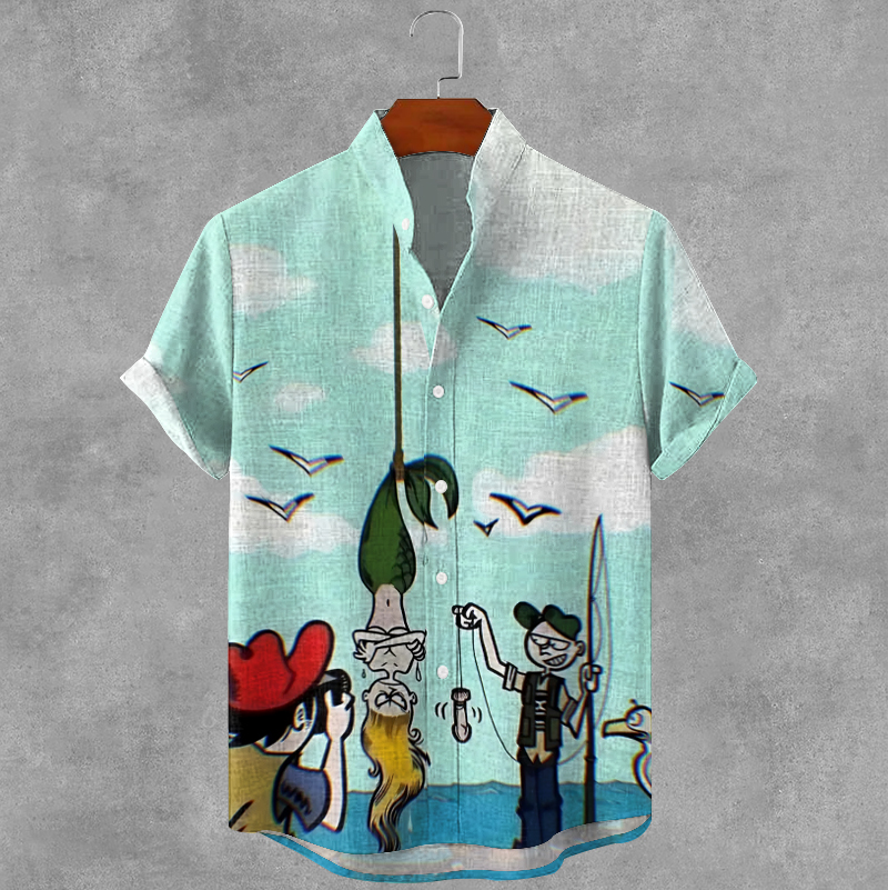 Men's Casual Retro Fishing Cartoon Graphics Ink Art Linen Blend Cozy Shirt