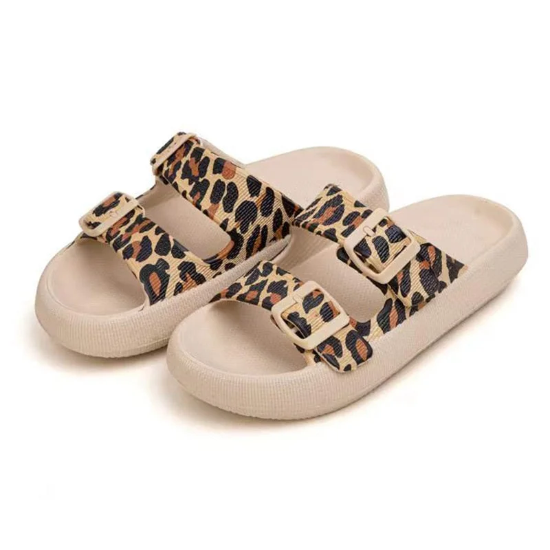 Lourdasprec Fashion Leopard Print Cloud Slippers for Women Summer Adjustable Buckle Pillow Slides Woman Thick Bottom Non-Slip Beach Shoes