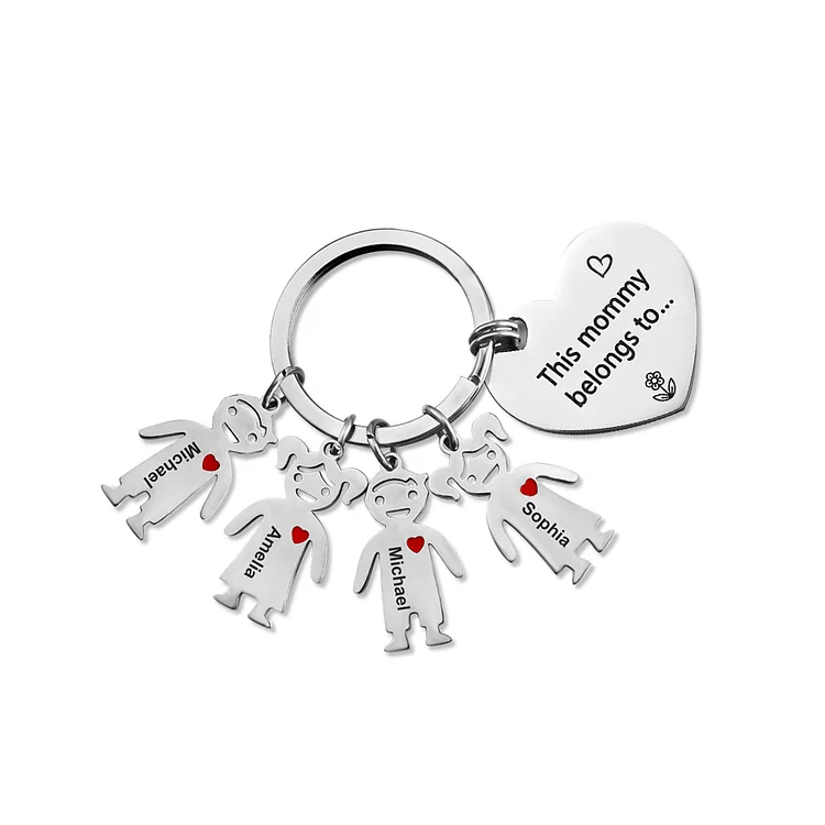 Personalized Heart Keychain with 4 Kid Charms Mother's Day Gift "This Mommy Belongs to"
