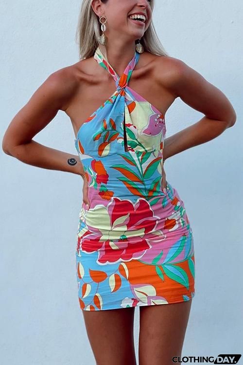 Print Halter Neck Backless Mini Dress