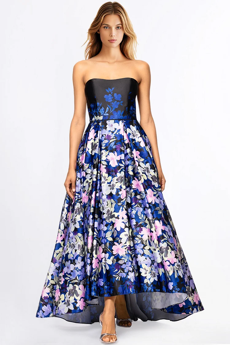 Zaruci Wedding Guest Navy Blue Satin Floral Print Strapless Maxi Dress [Pre-Order]