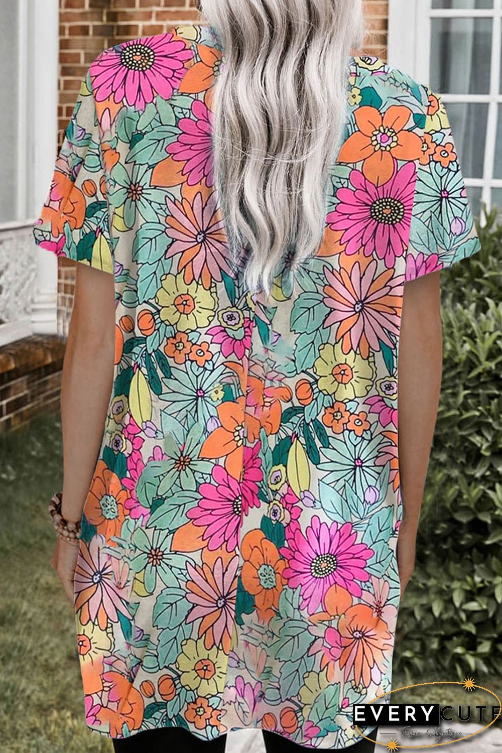 Multicolor Boho Flower Print Short Sleeve Tunic Top