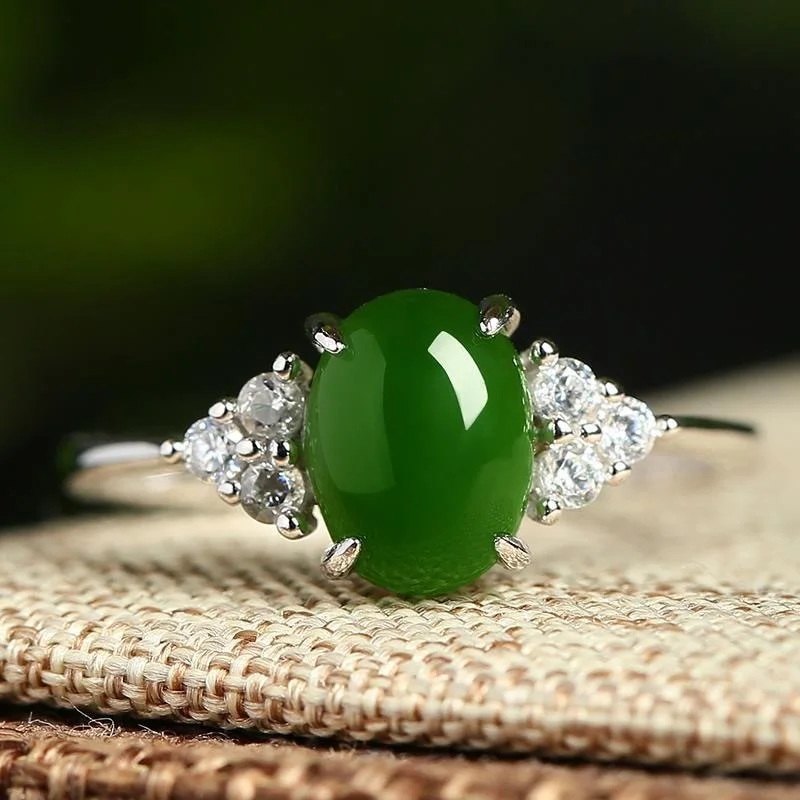 Natural Spinach Green Jade Ring - S925 Sterling Silver Inlay with Hetian Jade for Women, Adjustable Band Design