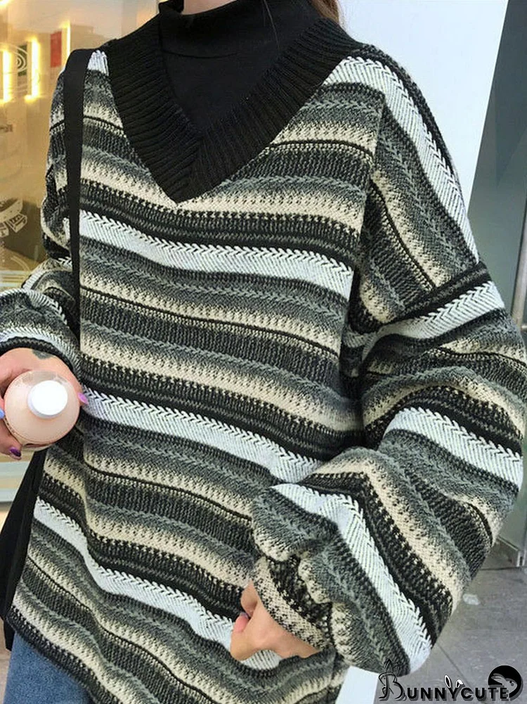 V Neck Striped Knit Sweater