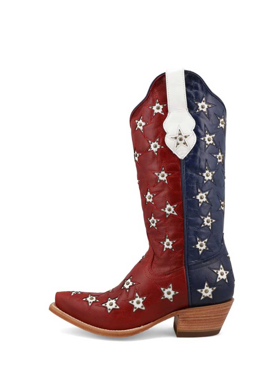 Blue & Red Vegan Leather Star Inlay Studded Western Boots  