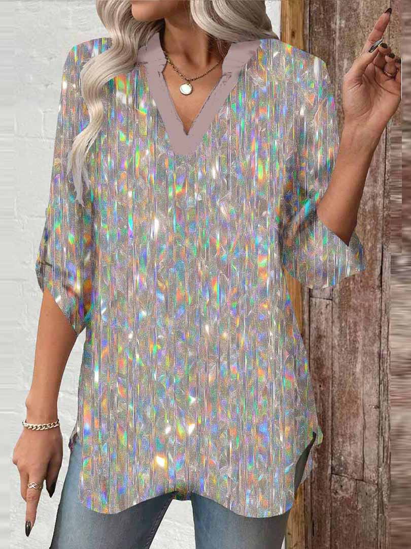 Women Silver, Shiny DZGA0344 3/4 Sleeve V-neck Printed Graphic Button Tops