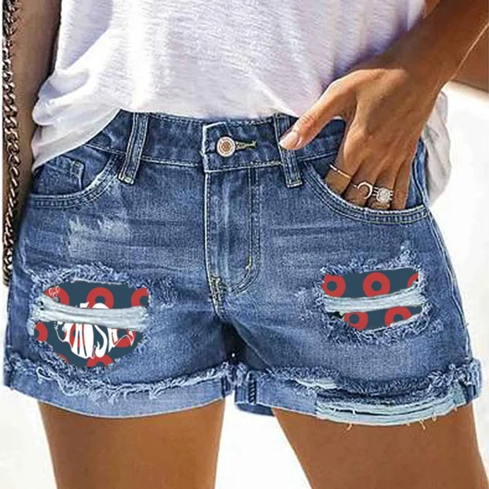 Printed Cuffed Ripped Denim Shorts