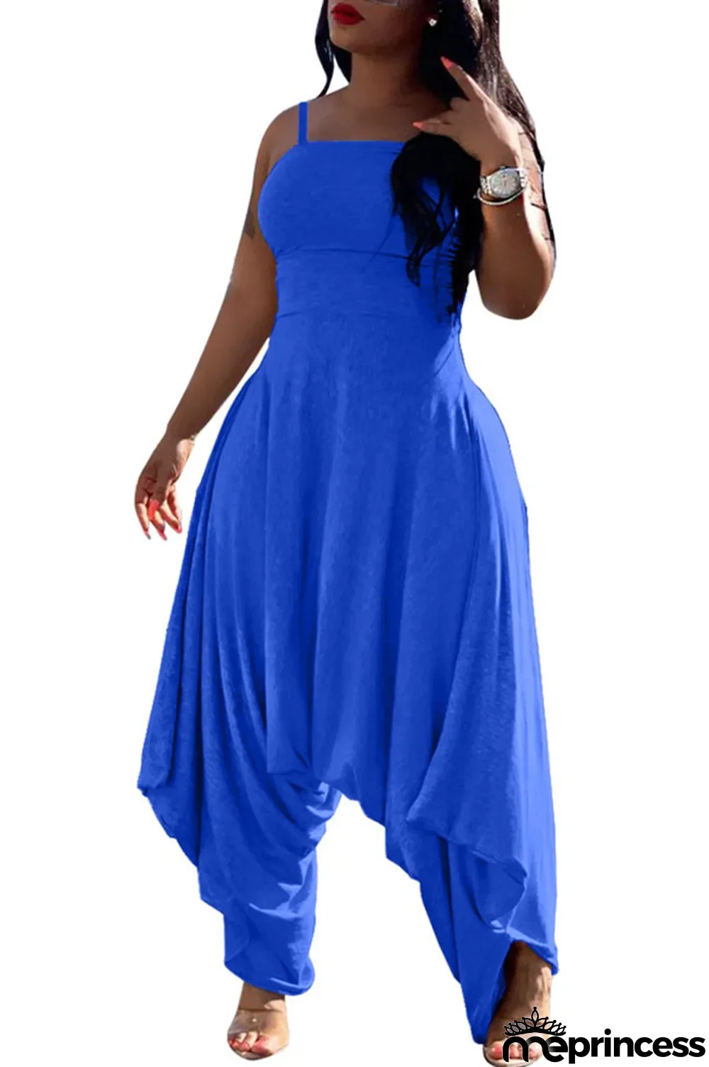 Blue Fashion Sexy Patchwork Solid Polyester Sleeveless Slip Jumpsuits