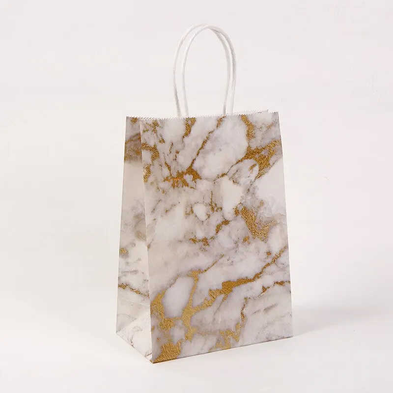 5pcs Marble Design Kraft Paper Gift Bag with Handle Birthday Party Packaging Bag Wedding Favors Eid Ramadan Festival Supplies