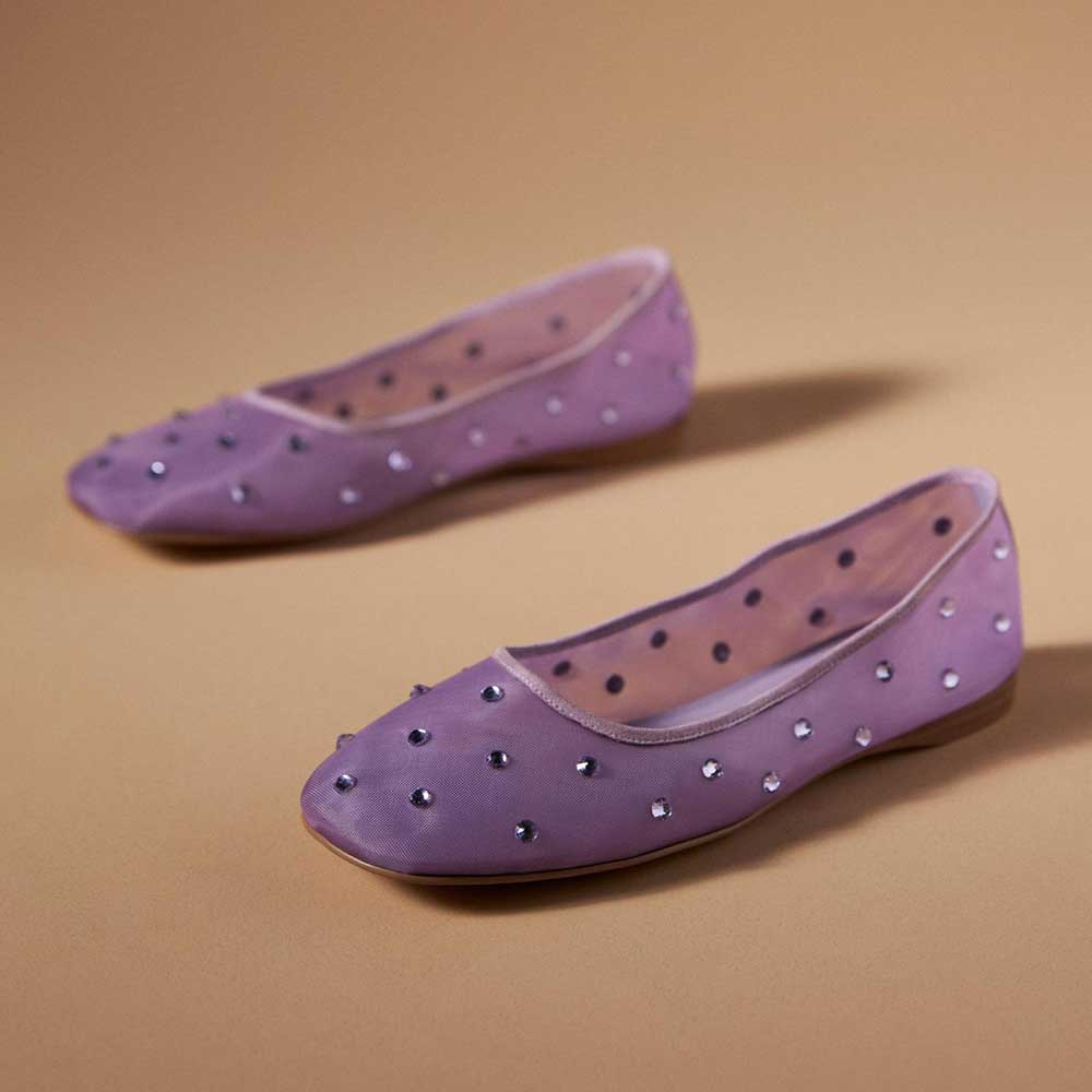 Purple Mesh Sophisticated Rhinestone Embellished Comfy Ballet Flats Nicepairs