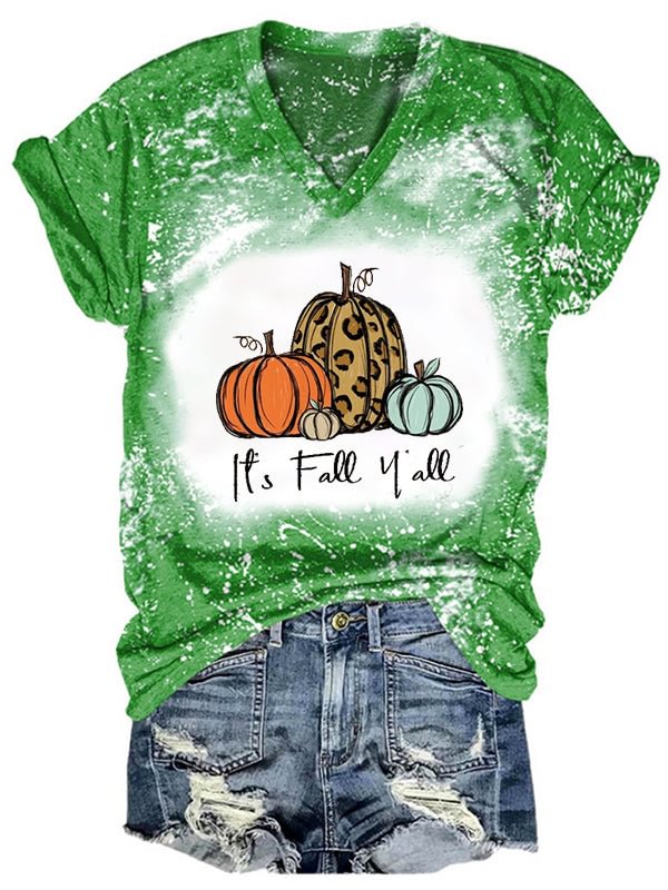 Short Sleeve V Neck Gradient Its Fall Yall Letter Printed T-shirt
