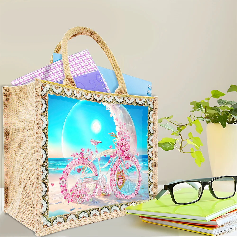 [Upgrade - Waterproof Bag]DIY Beach Bike Diamond Painting Tote Bag Replaceable Canvas for Women Adults