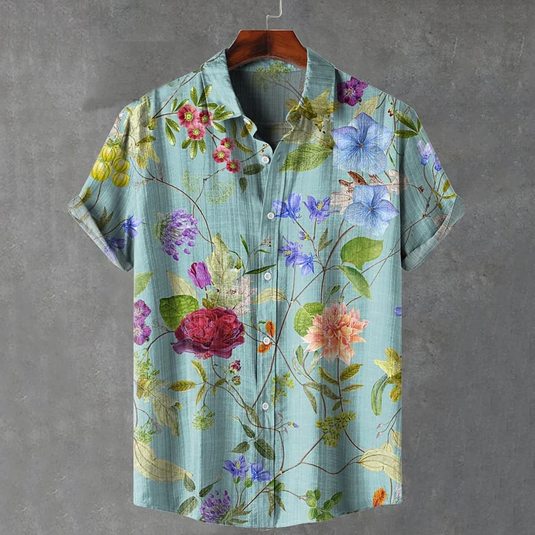 Men'S Vintage Flowers Print Linen Blend Shirt