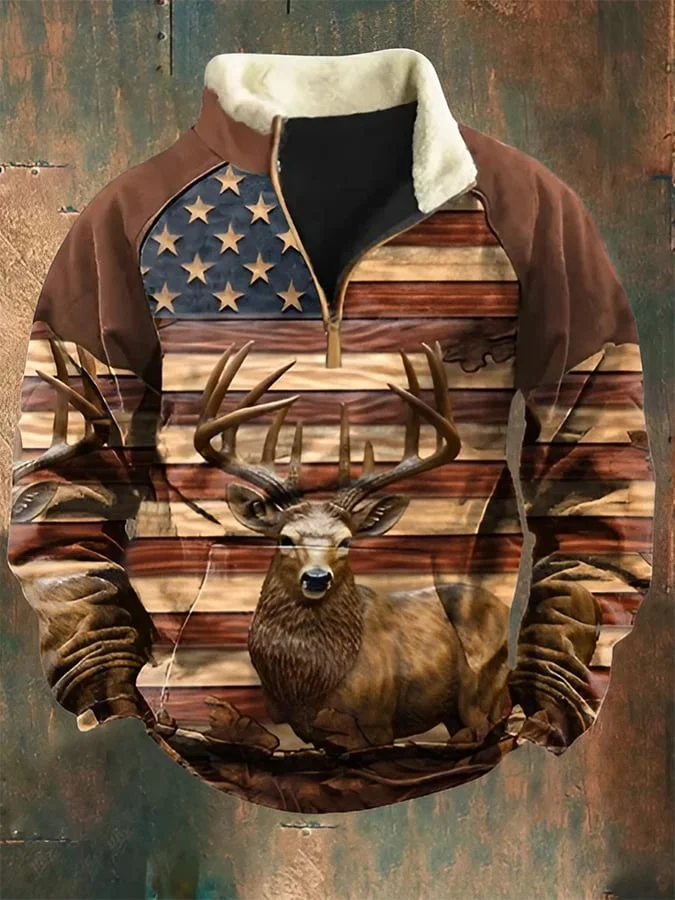 Men's Retro Western Flag Deer Style Fur Collar Zip Sweatshirt