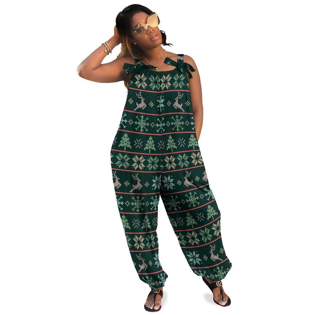 Modern Nordic Knit Pattern Fun Ugly Sweater Green Boho Vintage Loose Overall Corset Jumpsuit Without Top