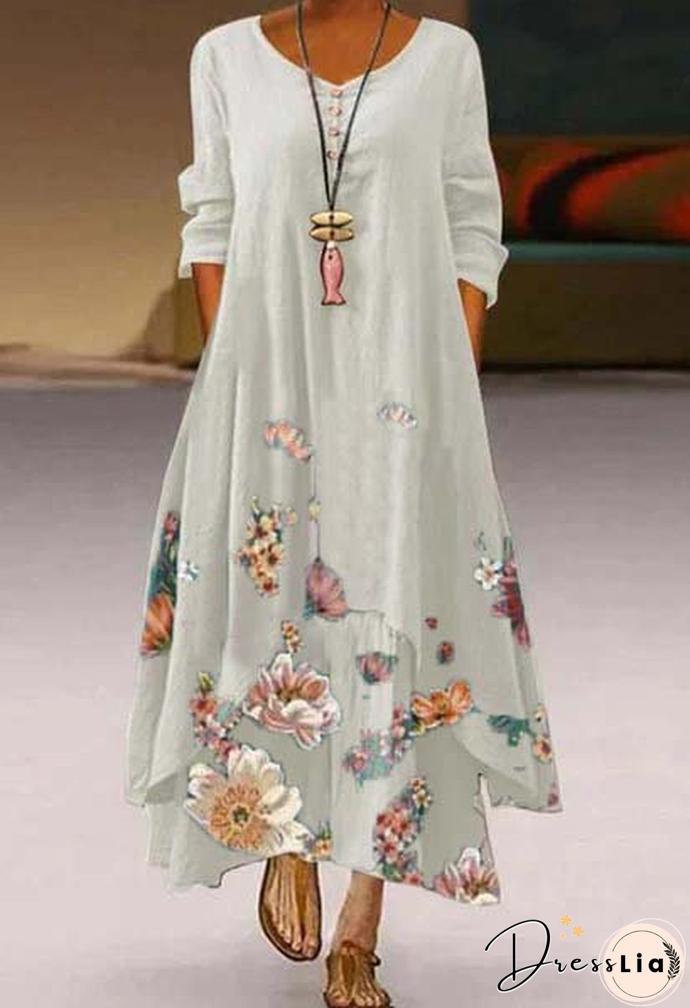 Women's Summer Casual A-Line V-Neck 3/4 Sleeve White Maxi Dresses