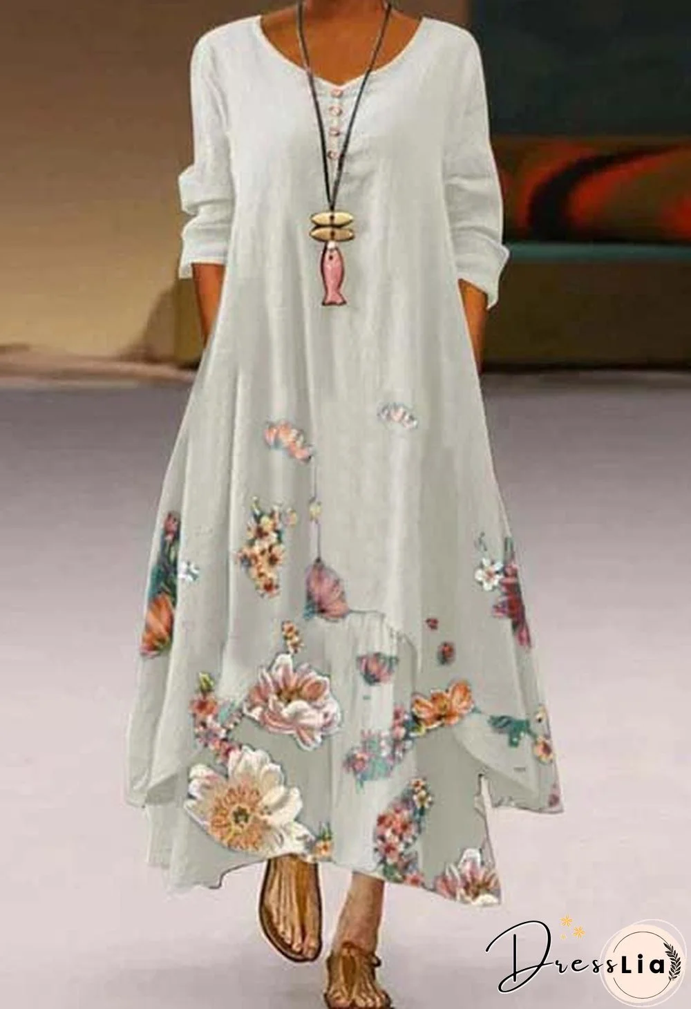 Women's Summer Casual A-Line V-Neck 3/4 Sleeve White Maxi Dresses