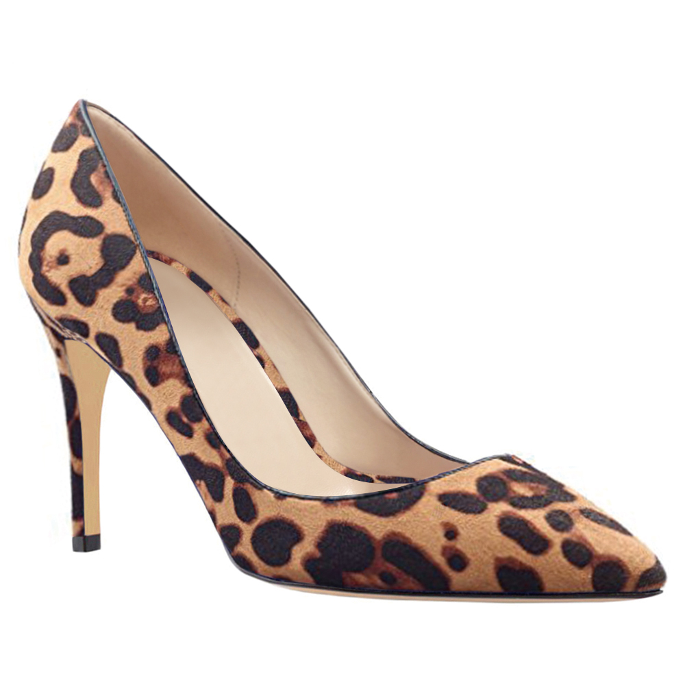 90mm Middle Heels Pointy Toe Pumps Leopard Suede-vocosishoes