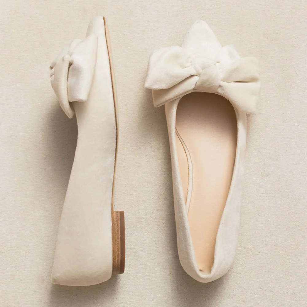 YDN Ivory Pointed Toe Bow Decor Elegant Flat Shoes for Women