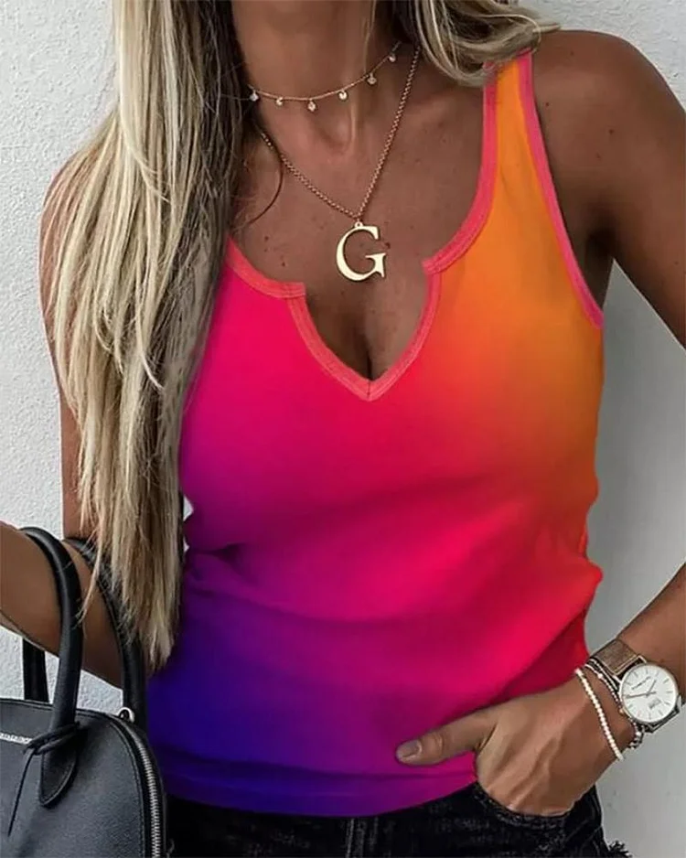 Ombre Colorblock V-Cut Tank Top