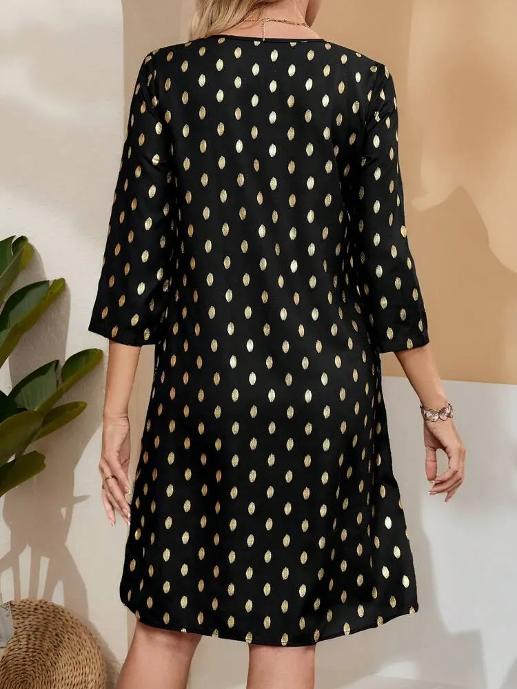 Women's Spring & Summer V-Neck 3/4 Sleeve Golden Dot Print Straight Dress