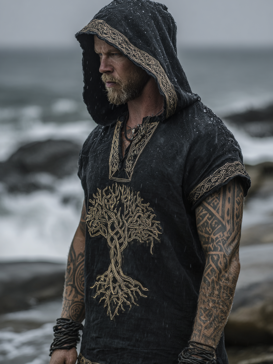 Men's Viking Inspired Golden Rune Tree Of Life Short Sleeve Hoodie / Rvogue / Rvogue