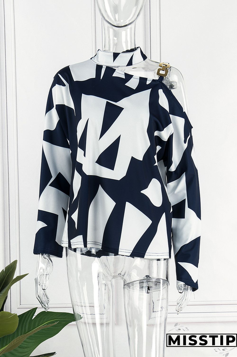 Black khaki Casual Print Hollowed Out Turtleneck Tops