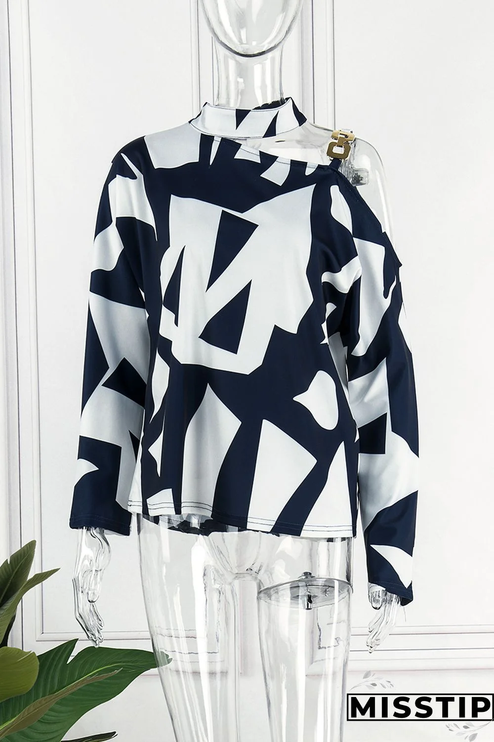 Black khaki Casual Print Hollowed Out Turtleneck Tops