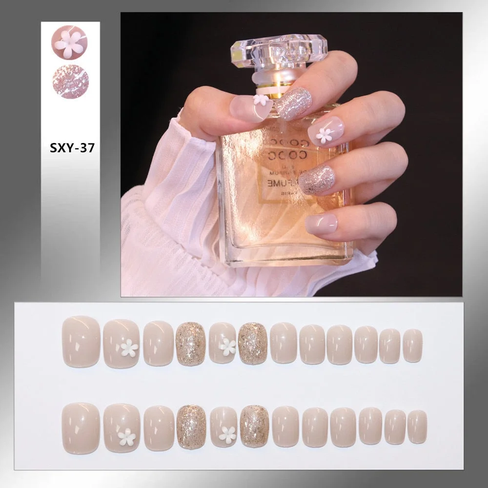 24pcs/box Wearable Finger Fake Nails press on Blue Grey Aurora Effect short size full cover Summer Patch  fake Fingernail tips-Nail Inspo