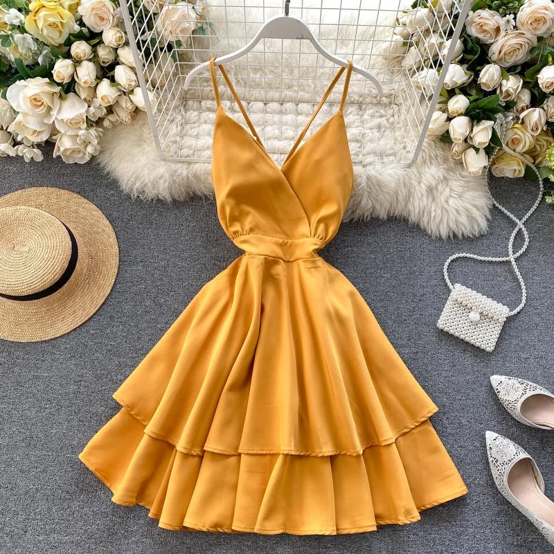 FTLZZ Summer Women V-neck Sling Cascade Ruffles Short Dress High Waist Slim Beach Backless Butterfly Bandage Red Dresses