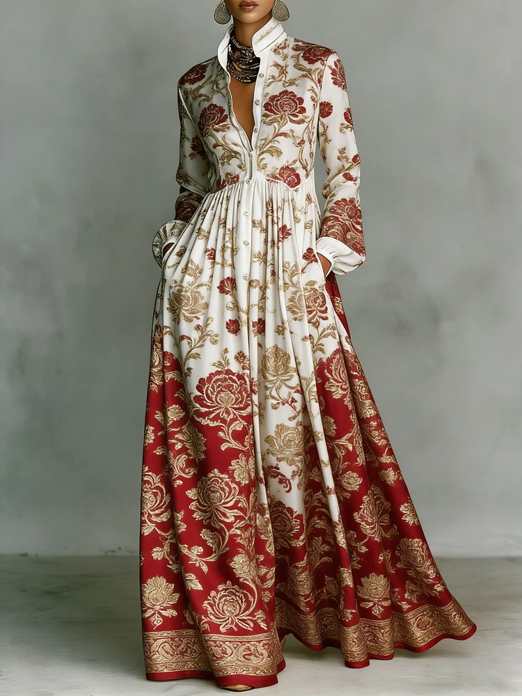 Women's Vintage print Elegant Romantic Vacation Maxi Dress