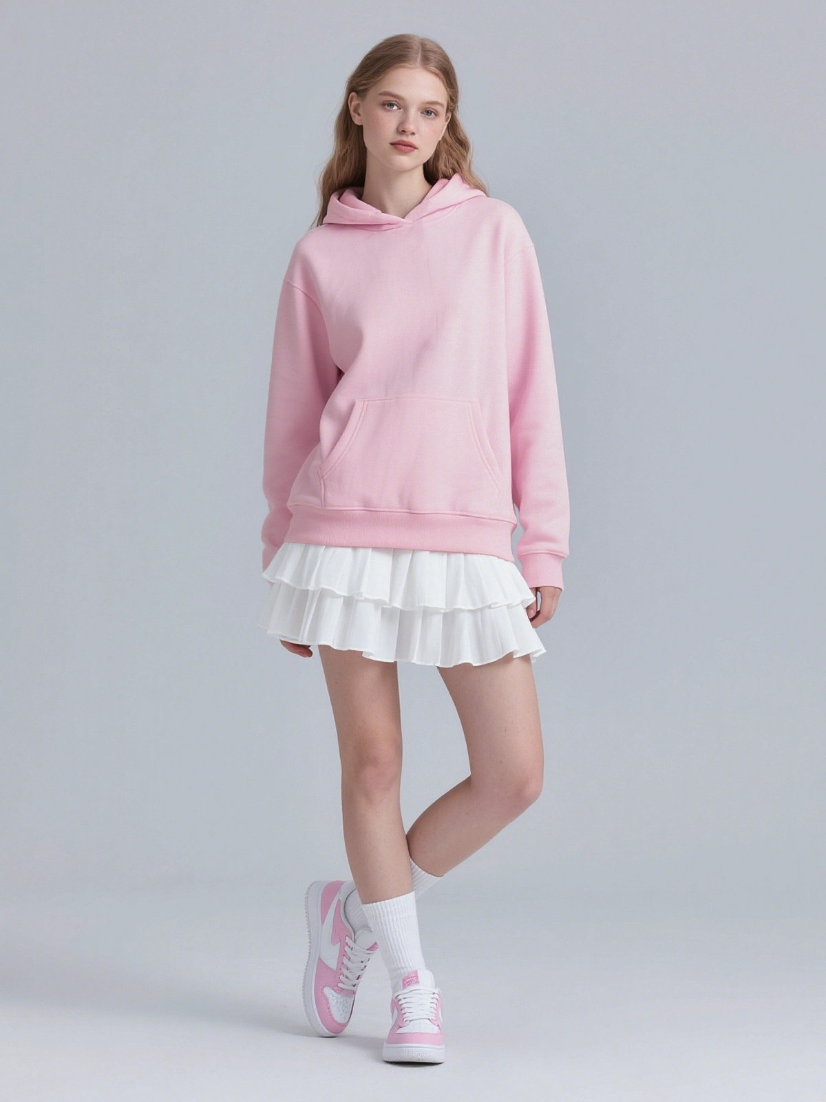 Pink Act Chic Ghost Cherry & Letter Printed Hooded Sweatshirt Model Front