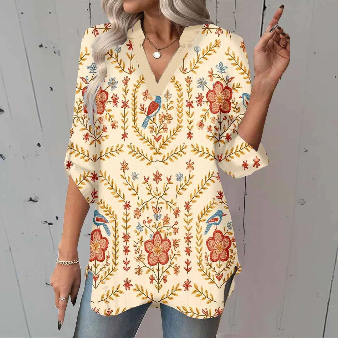 Women Bohemian, Orange DZGA0090 3/4 Sleeve V-neck Printed Graphic Button Tops