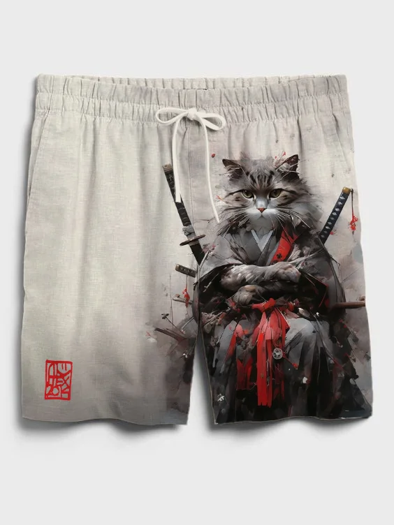 Men's Japanese Art Cat Samurai Print Drawstring Shorts