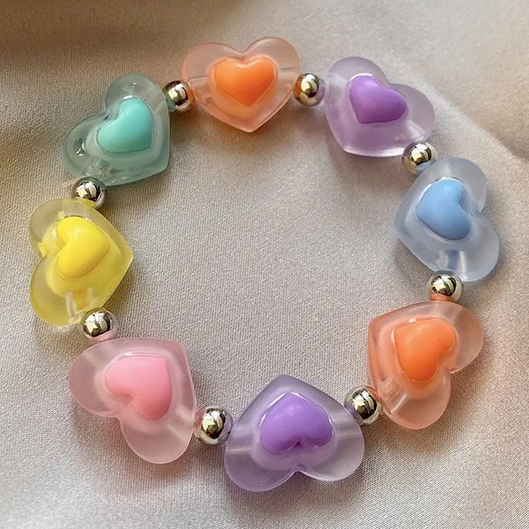 Pastel Beaded Bracelet with Heart and Star Charms Spring Summer Women's