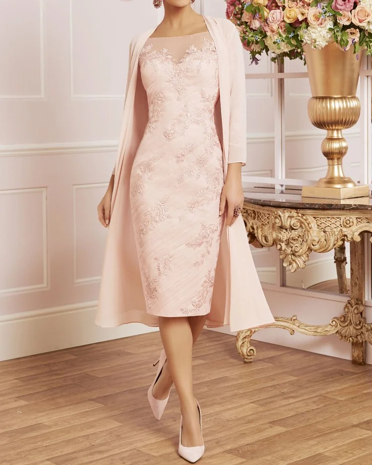 SLIM FIT EMBROIDERED ELEGANT MIDI DRESS CHIFFON COAT