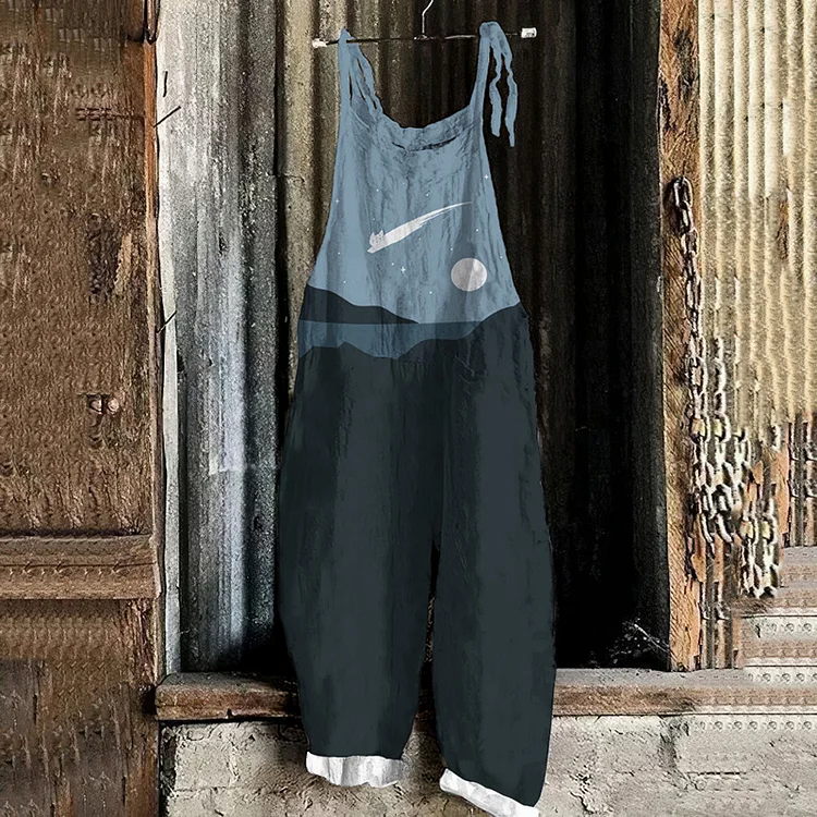 Abstract Creative Cute Cat Leaping Under The Starry Sky Painting Art Print Loose Casual Jumpsuit
