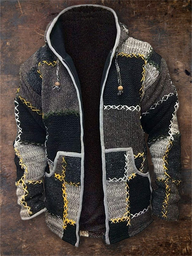 Men's Retro Colorblock Patchwork Stitched Cozy Hooded Cardigan wearshes